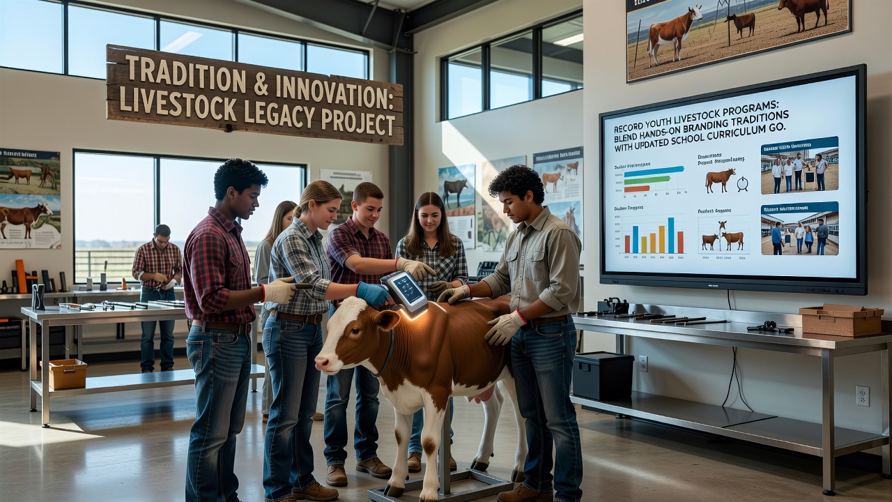 Students reviewing curriculum-aligned livestock records and branding equipment in a classroom setting