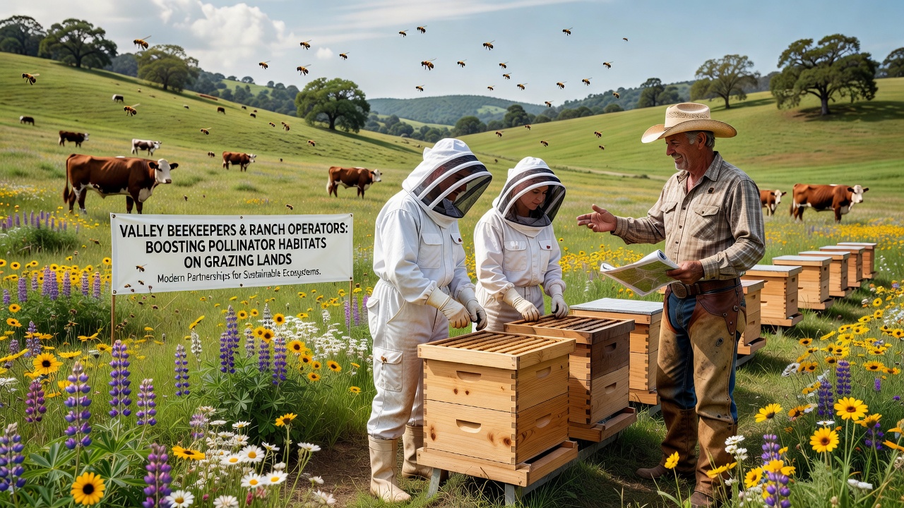 Beekeeper inspecting hives placed near restored wildflower areas on a working ranch
