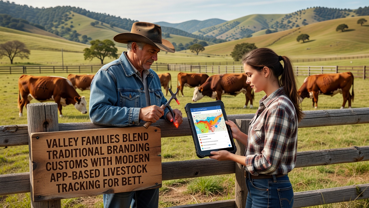 Smartphone screen displaying livestock tracking app with branded cattle details and location map